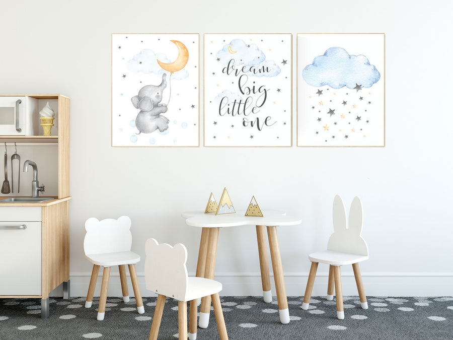 Elephant nursery, gender neutral nursery wall art, yellow, blue, dream big little one, moon, cloud, stars, gender neutral nursery ideas