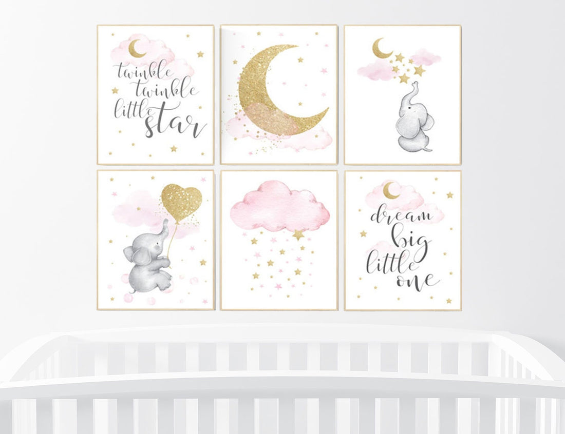 Pink gold nursery decor, Moon cloud star nursery, elephant, nursery set of 6, nursery ideas for girls, girl nursery ideas, elephant nursery