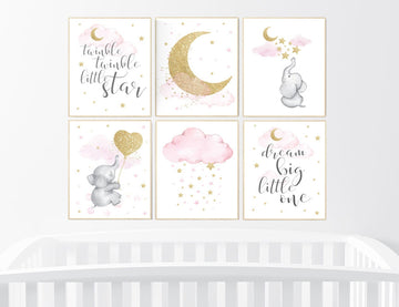 Pink gold nursery decor, Moon cloud star nursery, elephant, nursery set of 6, nursery ideas for girls, girl nursery ideas, elephant nursery