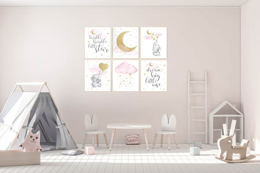 Pink gold nursery decor, Moon cloud star nursery, elephant, nursery set of 6, nursery ideas for girls, girl nursery ideas, elephant nursery