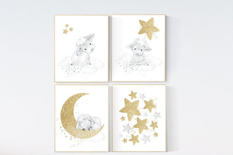 Sheep nursery decor, gold and gray nursery decor, grey, nursery decor lambs, nursery wall art sheep, moon and cloud, gender neutral nursery