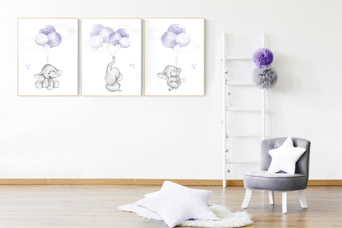 Elephant nursery decor, purple nursery, nursery decor girl purple, lavender, lilac, elephant nursery theme, elephant nursery art, girls room