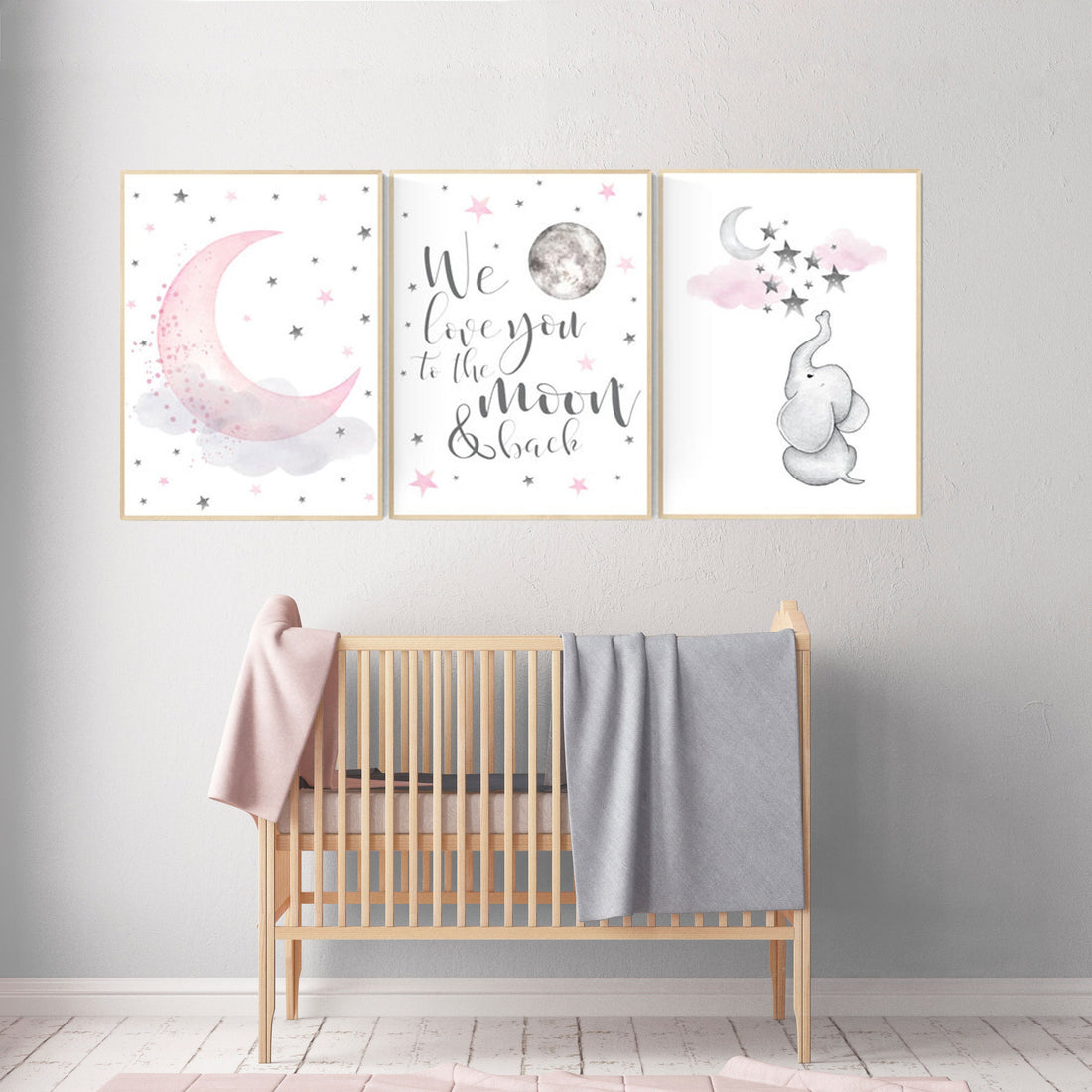 Nursery decor girl pink and gray, elephant nursery, we love you to the moon and back, cloud, moon and stars, pink grey nursery, girl nursery