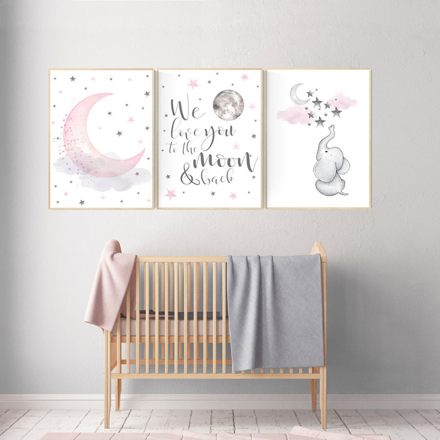 Nursery decor girl pink and gray, elephant nursery, we love you to the moon and back, cloud, moon and stars, pink grey nursery, girl nursery