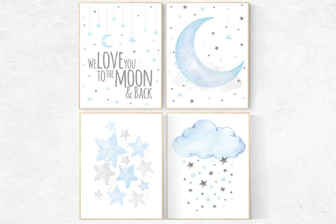 Nursery decor boy, cloud, moon, stars, we love you to the moon and back, boy nursery room, blue grey, blue grey, boy nursery ideas