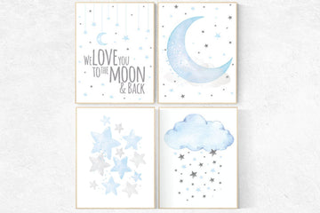 Nursery decor boy, cloud, moon, stars, we love you to the moon and back, boy nursery room, blue grey, blue grey, boy nursery ideas