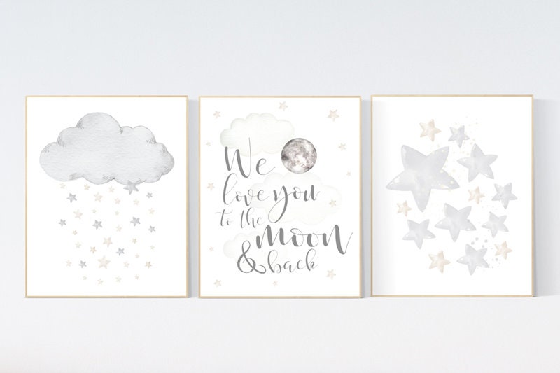 Nursery wall art grey, gray nursery, nursery decor neutral, baby room decor gender neutral, moon and stars, grey nursery decor baby room art