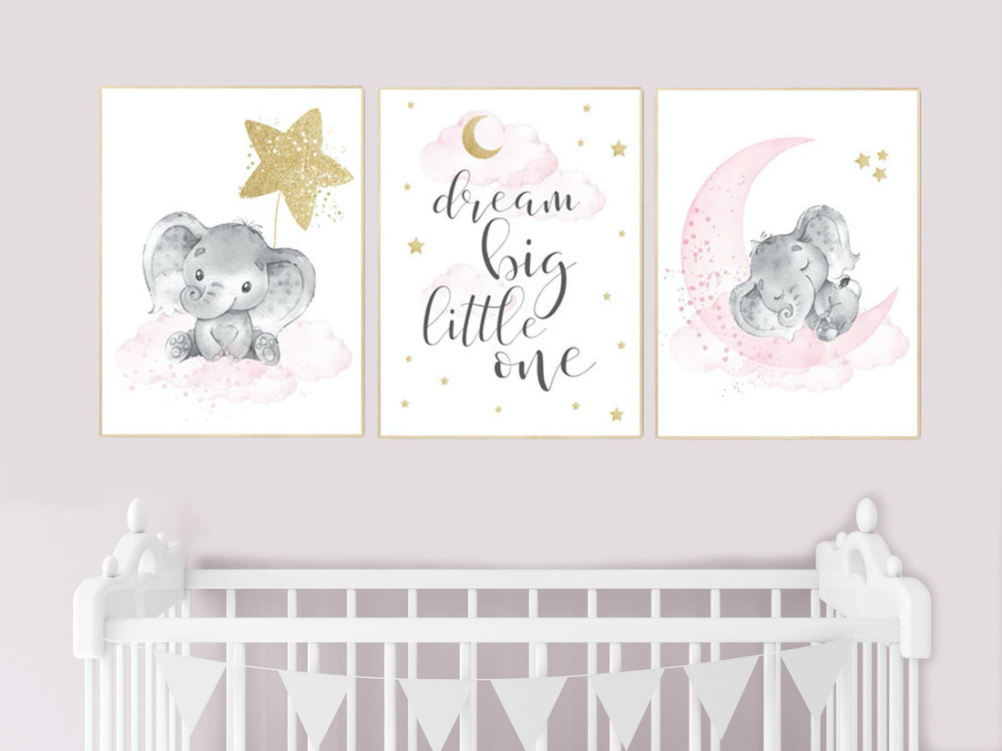 Nursery wall art girl elephant, pink gold nursery, dream big little one, cloud and stars, girl nursery wall decor, set of 3 prints, animals