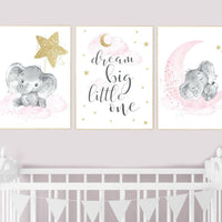 Nursery wall art girl elephant, pink gold nursery, dream big little one, cloud and stars, girl nursery wall decor, set of 3 prints, animals