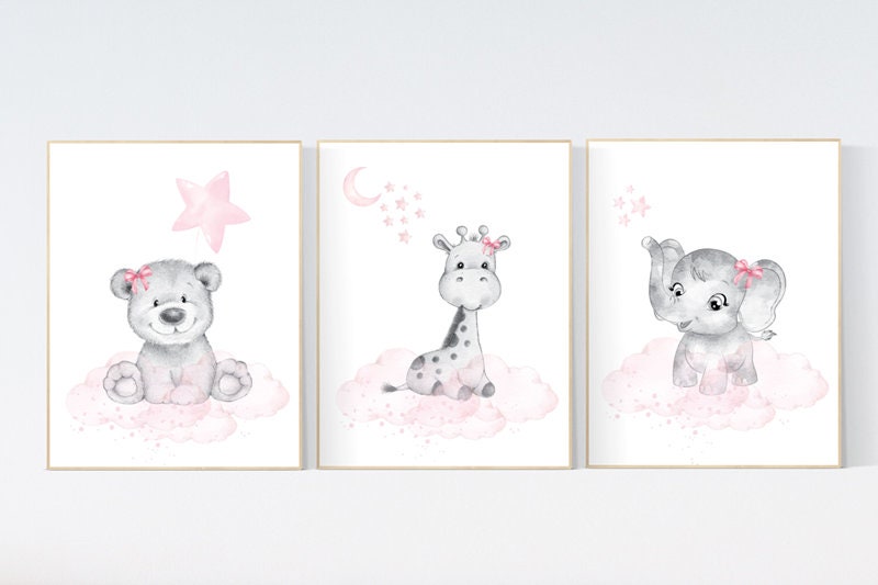 Animal nursery, nursery decor girl pink gray, nursery decor girl woodland animals, teddy bear, elephant, giraffe, baby girl nursery prints