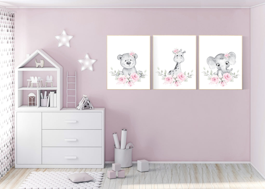 Floral jungle animals, elephant, bear, giraffe, Nursery wall art girl, girl nursery ideas, pink grey, nursery wall art girl flowers, pink