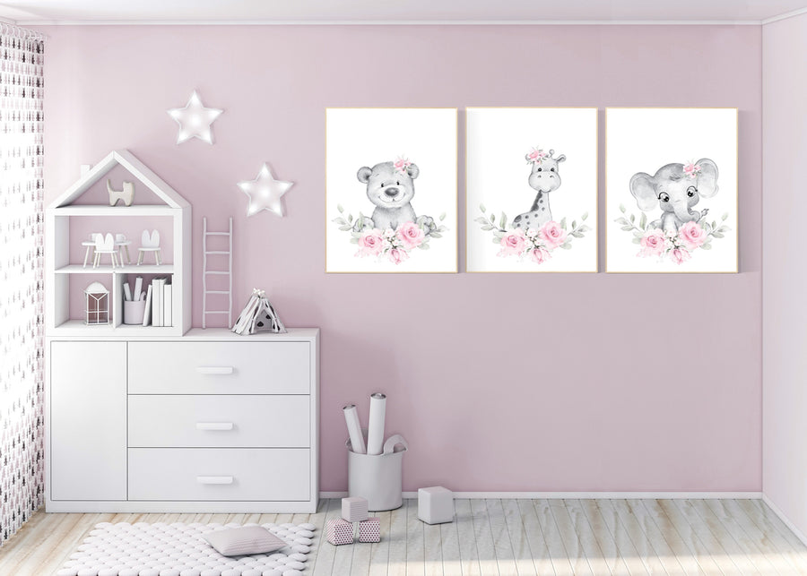Floral jungle animals, elephant, bear, giraffe, Nursery wall art girl, girl nursery ideas, pink grey, nursery wall art girl flowers, pink