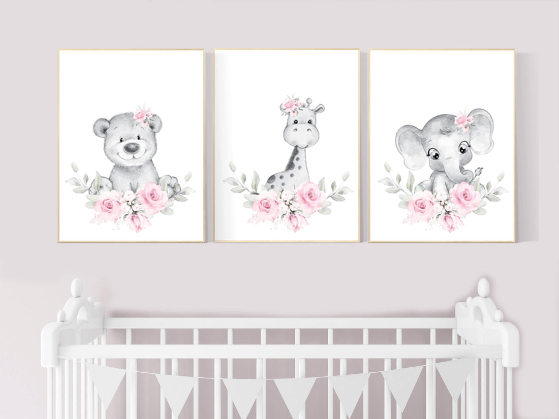 Floral jungle animals, elephant, bear, giraffe, Nursery wall art girl, girl nursery ideas, pink grey, nursery wall art girl flowers, pink