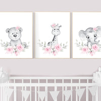 Floral jungle animals, elephant, bear, giraffe, Nursery wall art girl, girl nursery ideas, pink grey, nursery wall art girl flowers, pink