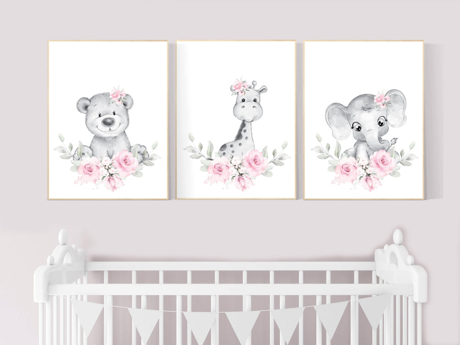 Floral jungle animals, elephant, bear, giraffe, Nursery wall art girl, girl nursery ideas, pink grey, nursery wall art girl flowers, pink