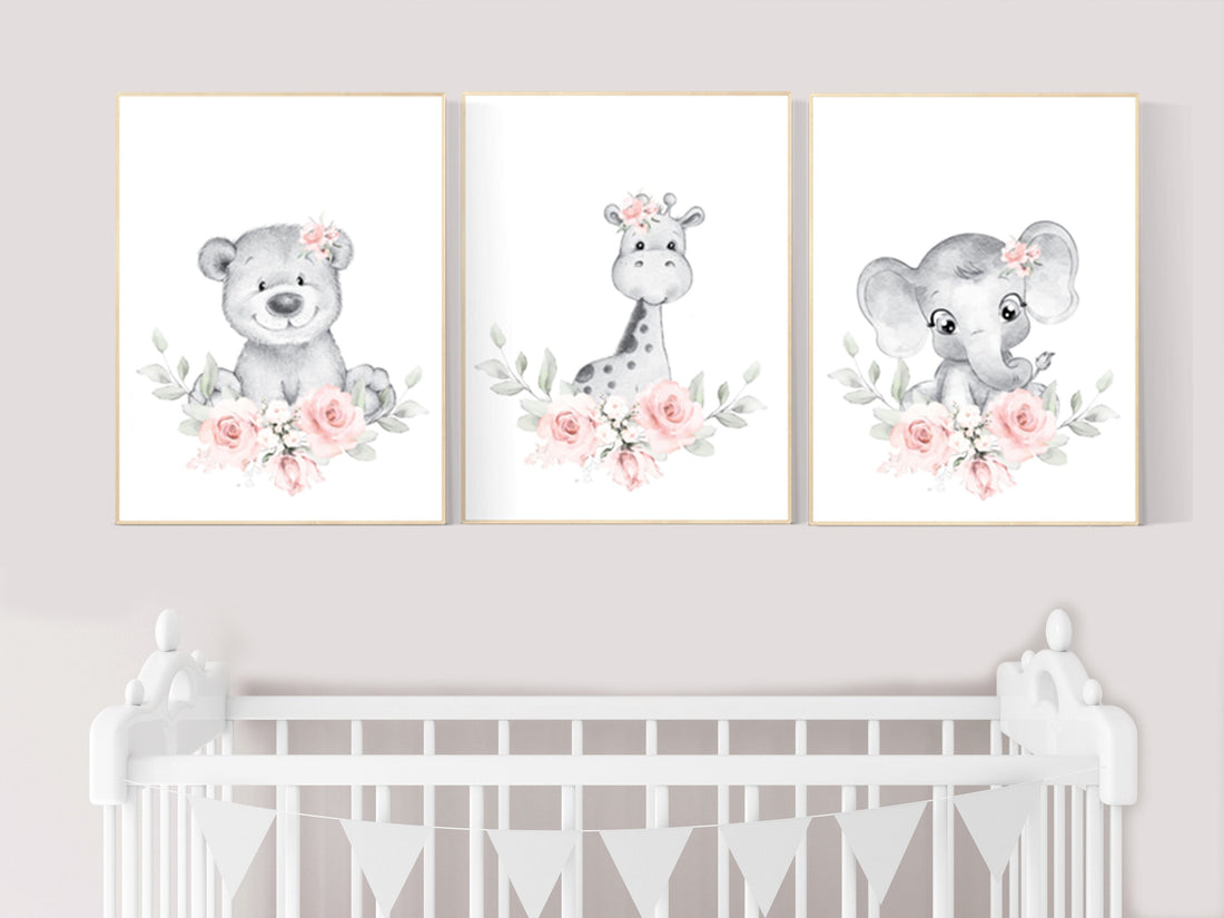 Floral jungle animals, blush nursery, nursery decor girl flowers, blush pink, nursery decor girl boho, floral nursery prints, elephant, bear