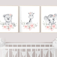 Floral jungle animals, blush nursery, nursery decor girl flowers, blush pink, nursery decor girl boho, floral nursery prints, elephant, bear