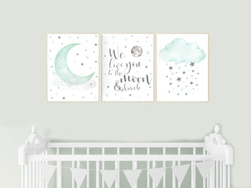 Mint nursery decor, gender neutral nursery, we love you to the moon and back, mint green, moon and stars, twin nursery wall decor, aqua