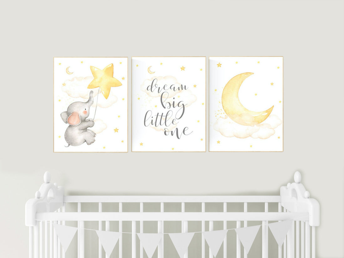 Yellow nursery wall art, gender neutral, Nursery decor elephant, Nursery decor neutral, cloud, moon, stars, dream big little one yellow grey