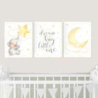 Yellow nursery wall art, gender neutral, Nursery decor elephant, Nursery decor neutral, cloud, moon, stars, dream big little one yellow grey