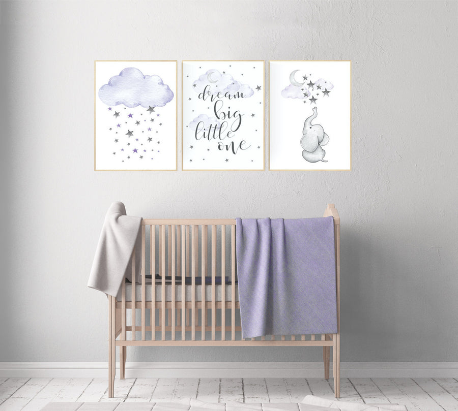 Nursery decor girl purple, elephant nursery, lavender and gray, elephant nursery, lilac nursery, dream big little one, purple nursery