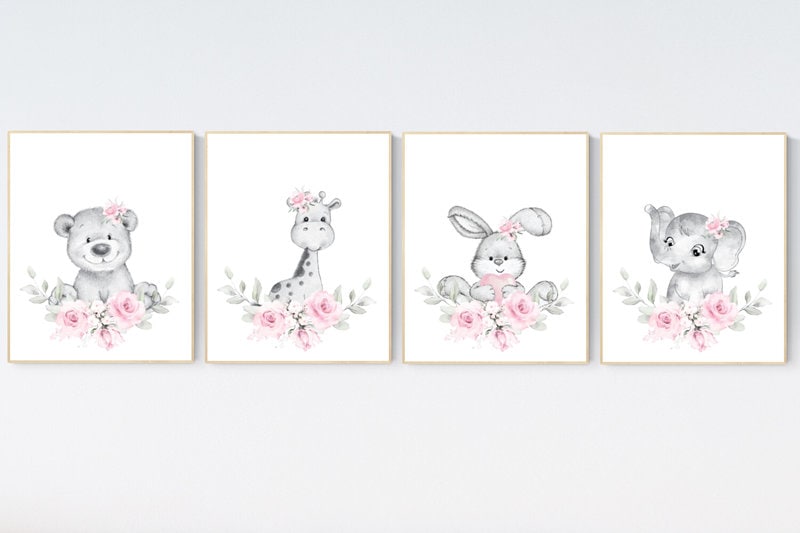 Nursery decor floral jungle, woodland animals, animal nursery prints, elephant, bear, giraffe, bunny, nursery decor girl flowers, pink grey
