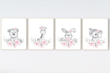 Nursery decor floral jungle, woodland animals, animal nursery prints, elephant, bear, giraffe, bunny, nursery decor girl flowers, pink grey