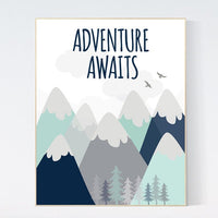 Nursery decor boy mountains, mint navy, nursery wall art woodland, adventure awaits, baby room decor mountains, nursery wall decor adventure