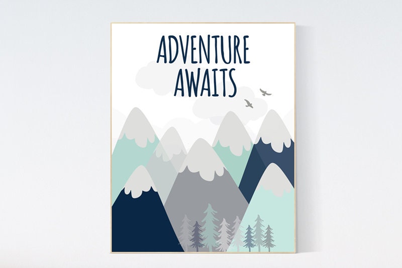 Nursery decor boy mountains, mint navy, nursery wall art woodland, adventure awaits, baby room decor mountains, nursery wall decor adventure