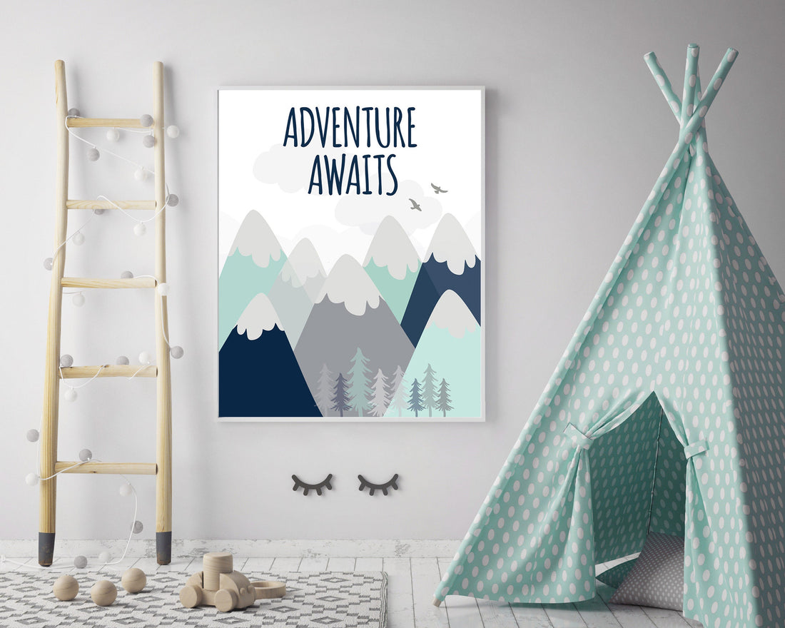 Nursery decor boy mountains, mint navy, nursery wall art woodland, adventure awaits, baby room decor mountains, nursery wall decor adventure