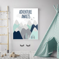 Nursery decor boy mountains, mint navy, nursery wall art woodland, adventure awaits, baby room decor mountains, nursery wall decor adventure