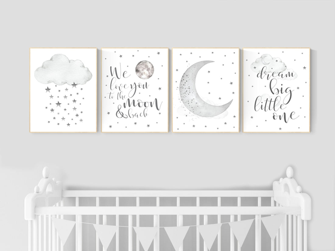 Nursery wall art grey, gray nursery, nursery decor neutral, baby room decor gender neutral, moon and stars, grey nursery decor baby room art
