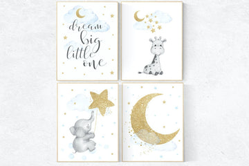 Nursery decor boy elephant, blue and gold nursery, dream big little one, blue nursery wall art, cloud and stars, giraffe nursery