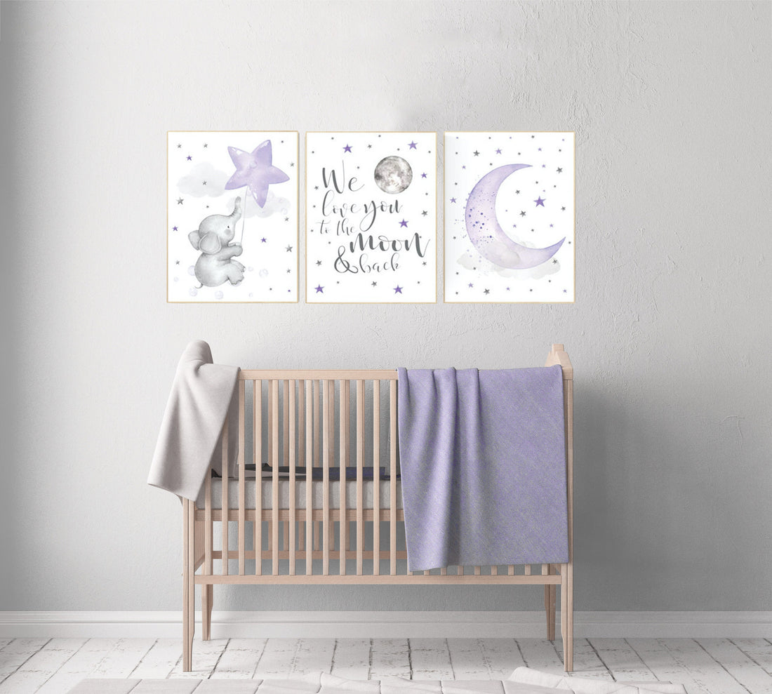 Nursery decor girl purple, elephant nursery, lavender and gray, lilac, we love you to the moon and back, moon nursery, girl nursery ideas