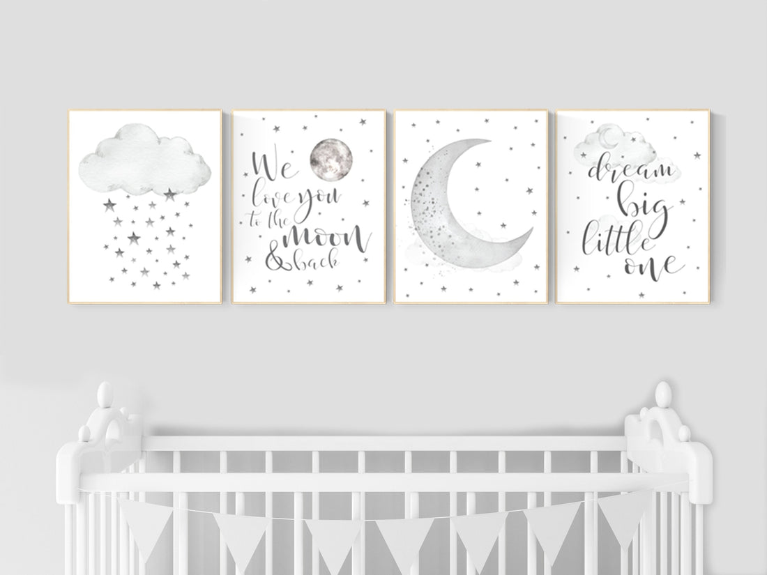 Nursery wall art grey, gray nursery, nursery decor neutral, baby room decor gender neutral, moon and stars, grey nursery decor baby room art