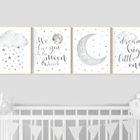 Nursery wall art grey, gray nursery, nursery decor neutral, baby room decor gender neutral, moon and stars, grey nursery decor baby room art