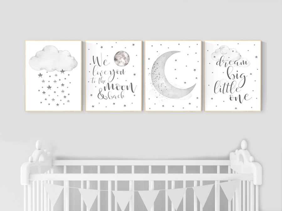 Nursery wall art grey, gray nursery, nursery decor neutral, baby room decor gender neutral, moon and stars, grey nursery decor baby room art