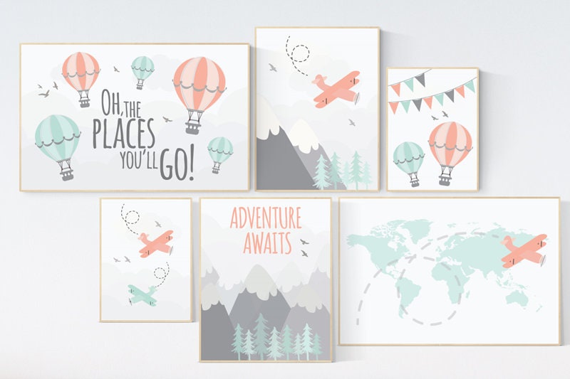 Adventure awaits nursery, Mountain nursery, coral teal, Adventure nursery, coral and teal, airplane, world map, hot air balloon, boy nursery