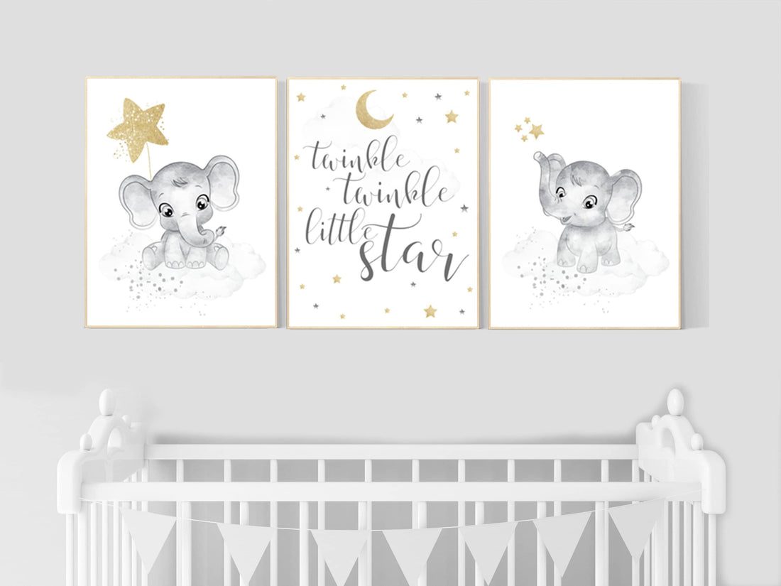 Nursery wall art grey, gray gold nursery, nursery decor neutral, elephant nursery, baby room decor gender neutral, nursery ideas neutral