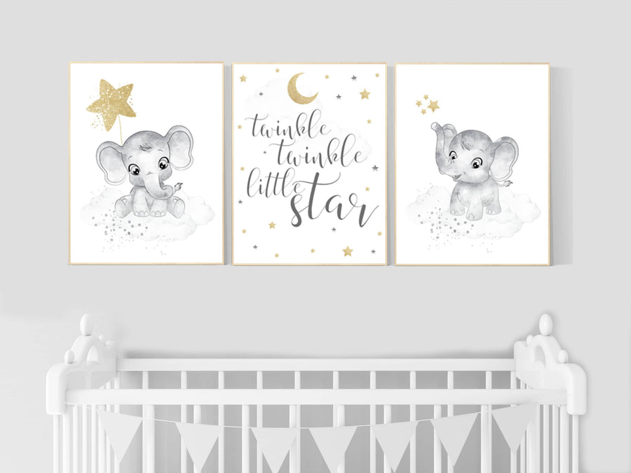 Nursery wall art grey, gray gold nursery, nursery decor neutral, elephant nursery, baby room decor gender neutral, nursery ideas neutral