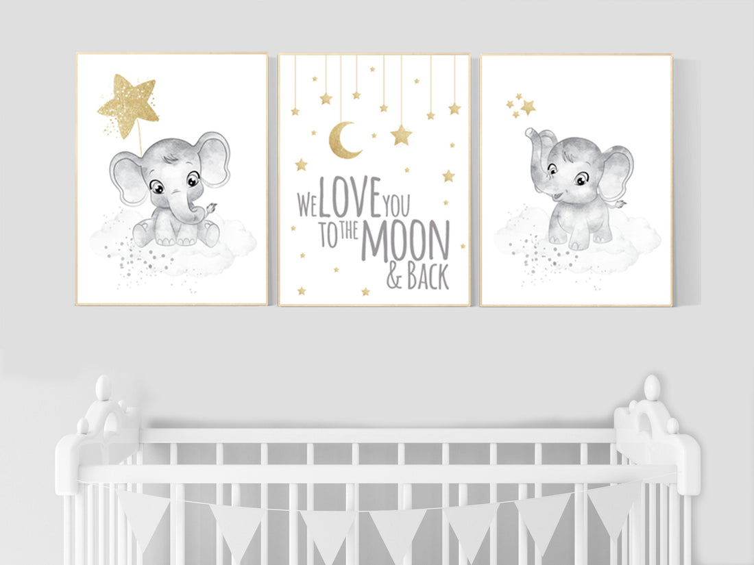 Gender neutral nursery wall decor, grey gold nursery, gray gold, elephant nursery, we love you to the moon and back, moon and stars