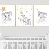 Gender neutral nursery wall decor, grey gold nursery, gray gold, elephant nursery, we love you to the moon and back, moon and stars