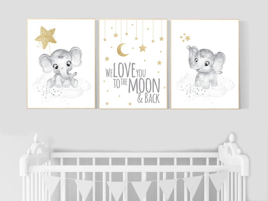 Gender neutral nursery wall decor, grey gold nursery, gray gold, elephant nursery, we love you to the moon and back, moon and stars