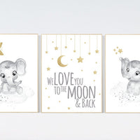 Gender neutral nursery wall decor, grey gold nursery, gray gold, elephant nursery, we love you to the moon and back, moon and stars
