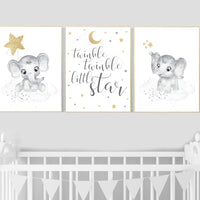 Nursery wall art grey, gray gold nursery, elephant nursery, nursery decor neutral, baby room decor gender neutral, moon and stars, grey gold