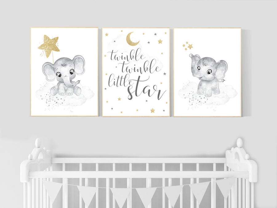 Nursery wall art grey, gray gold nursery, elephant nursery, nursery decor neutral, baby room decor gender neutral, moon and stars, grey gold