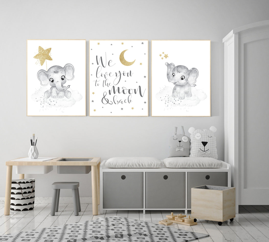 Nursery wall art grey, gray gold nursery, elephant nursery, nursery decor neutral, baby room decor gender neutral, moon and stars, grey gold