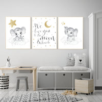 Nursery wall art grey, gray gold nursery, elephant nursery, nursery decor neutral, baby room decor gender neutral, moon and stars, grey gold