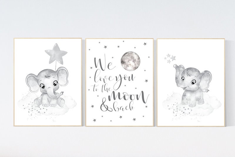 Nursery wall art grey, gray nursery, elephant, nursery decor neutral, baby room decor gender neutral, moon and stars, grey nursery decor