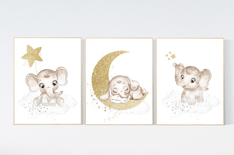 Nursery wall art grey, gray gold nursery, elephant nursery, nursery decor neutral, baby room decor gender neutral, moon and stars, grey gold